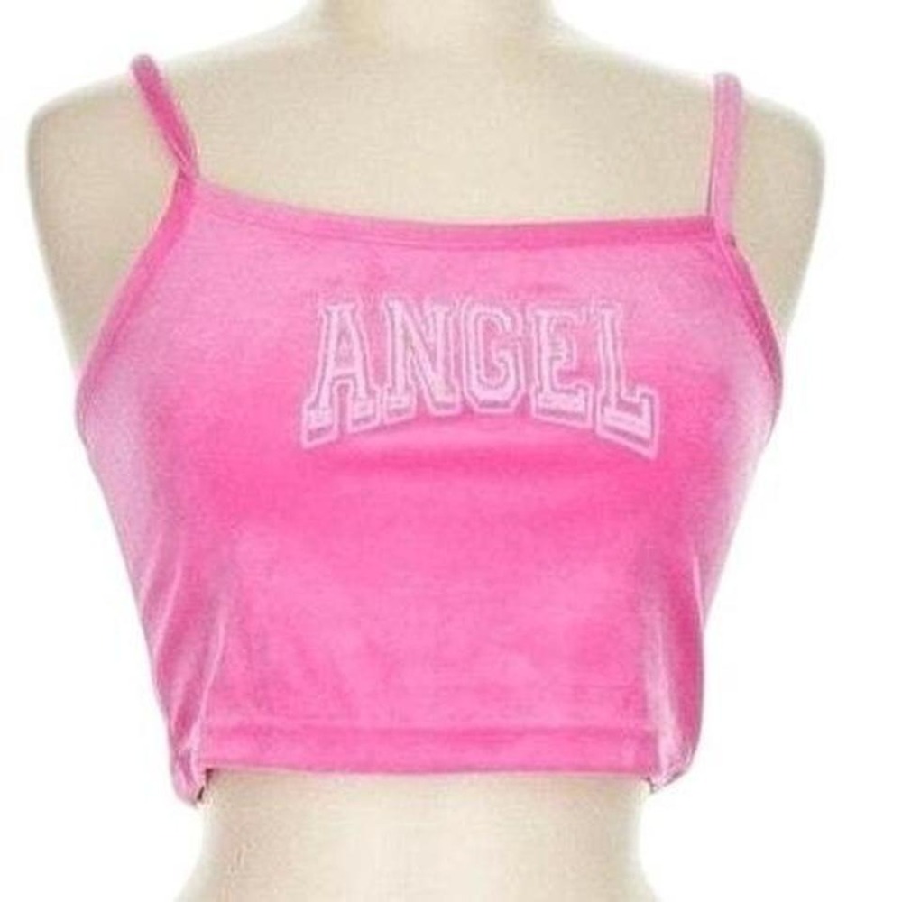 VTG Y2K 90s Pink Velour Angel Spellout Cropped Cami Tank Top Medium 2000s